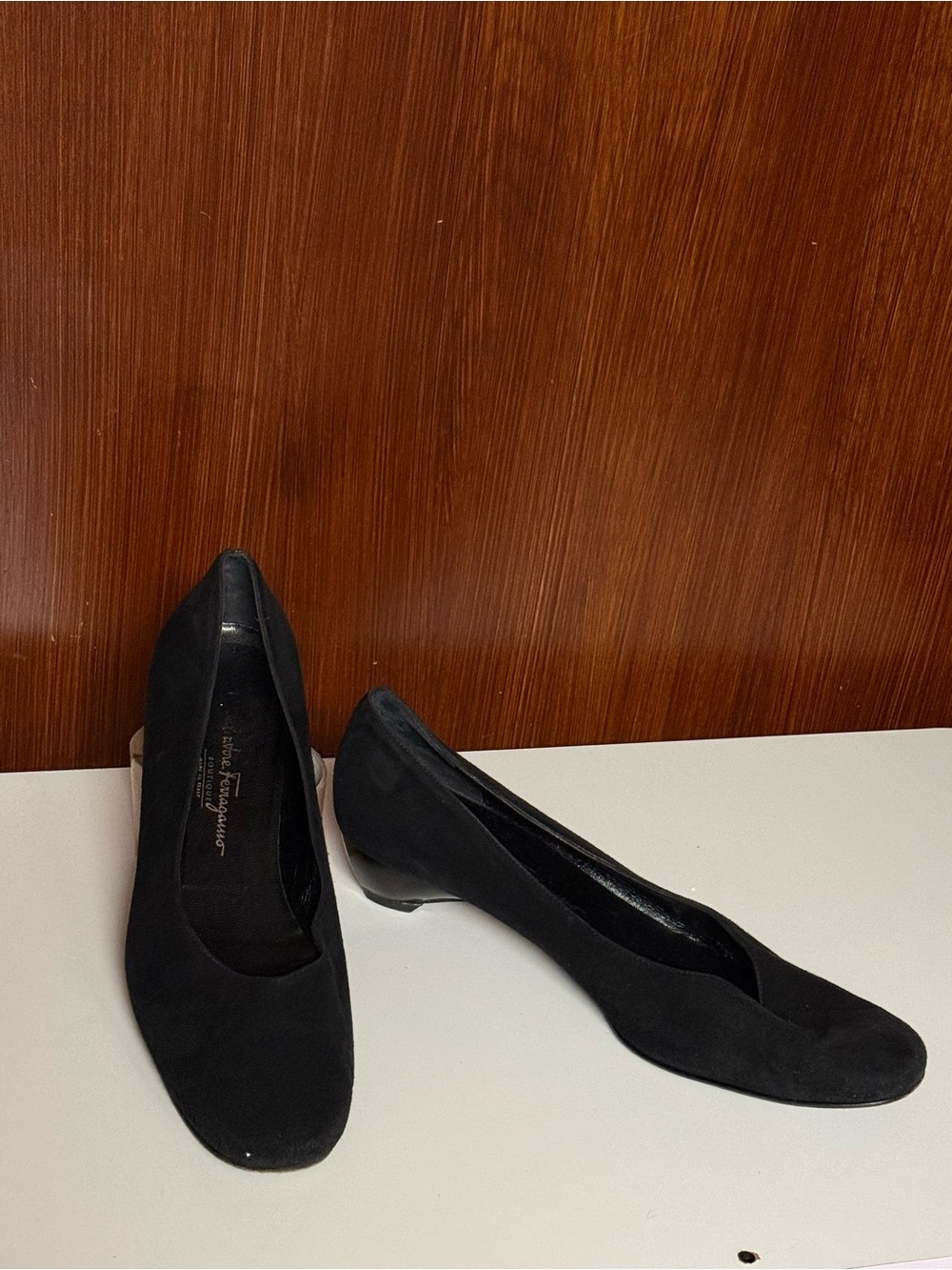 Salvatore Ferragamo Black Suede Low Heel Pumps 12